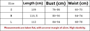 Size chart for slim fit knitted long dress including bust and waist measurements