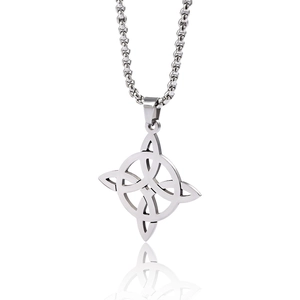 Polished silver stainless steel Celtic knot pendant necklace on white background