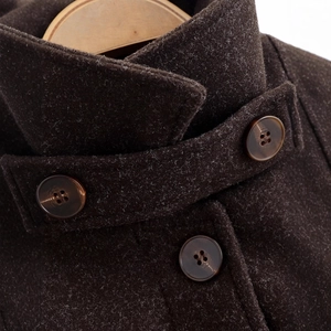 Deep brown wool coat featuring high-quality fabric texture and stylish button collar detail