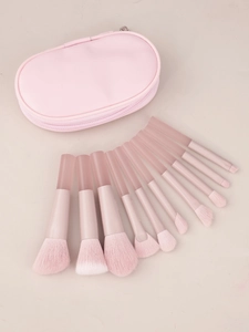 Set di 10 pennelli da trucco rosa antico con custodia in PU abbinata con cerniera