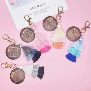 Handmade bohemian MAMA wood keychain sets with colorful multi-layer fringe tassels