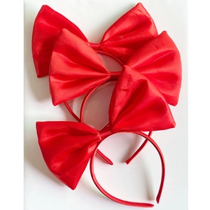 Three-piece set of large red satin bow headbands for girls with silky fabric texture