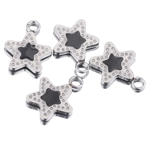 Silver stainless steel star pendants with black enamel centers and decorative dots