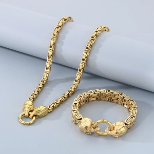 Détail d'un ensemble collier et bracelet chaîne byzantine dorée avec fermoirs crâne