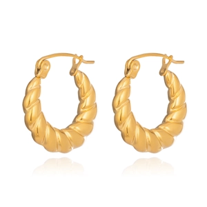 Minimalist U-shaped twisted hoop earrings in 18K gold plating with a textured rope design