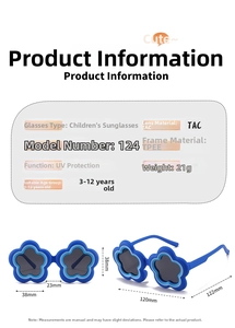 Detailed size chart for flower-shaped kids sunglasses showing frame and lens dimensions