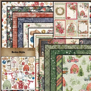 Close-up of vintage Christmas scrapbooking paper with retro winter textures and festive patterns