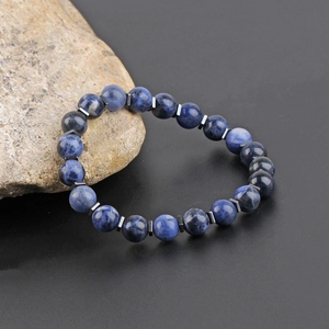 Men's Natural Sodalite Beaded Bracelet With Hematite Spacers Handmade Elastic Fashion Jewelry