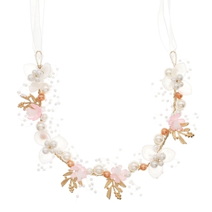 Floral bridal headpiece with gold leaves, pink silk flowers and white pearls
