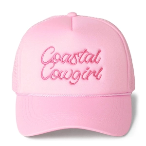 Pink mesh trucker hat with Coastal Cowgirl embroidery and adjustable snapback closure