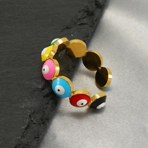 Adjustable stainless steel evil eye ring with multi-colored enamel beads in gold finish