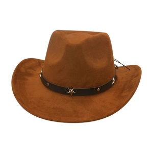 Brown faux suede western cowboy hat with leather band and silver star studs on white background