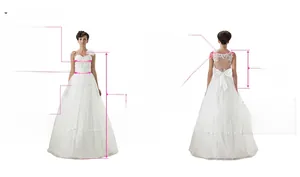 Guide de mesure détaillé pour robe de mariée montrant les points de buste et taille