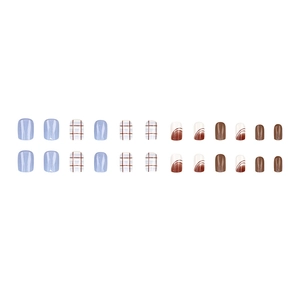 Faux ongles bleus et marrons à carreaux avec motif estompé en lot de 24 pièces