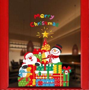 Detailed Christmas window decals featuring Santa, snowman and gift boxes on glass