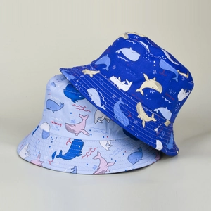 Cartoon whale print reversible cotton bucket hat for outdoor sun protection in blue colors