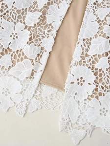 Vue macro détaillée de la dentelle florale blanche avec doublure beige et broderie