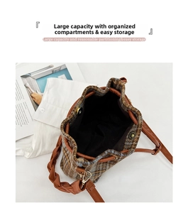 Top view of retro plaid wool bucket bag showing large capacity and magnetic closure