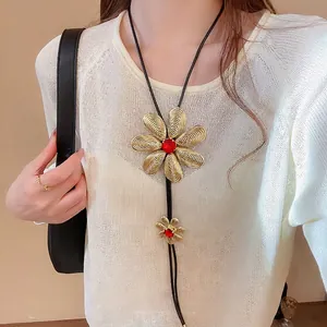 Double Flower Long Necklace Metal Petals With Red Rhinestone Center Retro Bohemian Bolo Tie Sweater Chain For Women