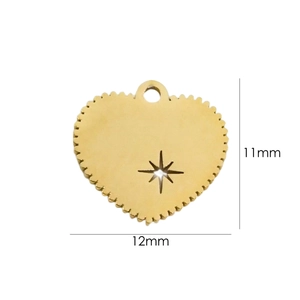 Detail of a 12mm x 11mm gold heart pendant with scalloped edges and cutout star pattern