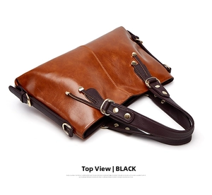 Detailed overhead view of stylish brown colorblock leather shoulder handbag for women.