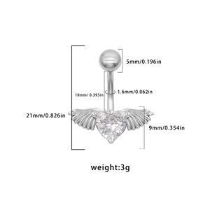 Dimensions détaillées du piercing de nombril cœur argenté avec ailes en zircon clair