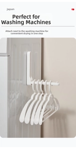 Wall-mounted white folding hanger organizer on washing machine side for laundry room storage