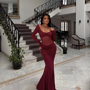 Burgundy Long Sleeve Maxi Dress Sexy Mesh Patchwork High Waist Slim Fit Fishtail Evening Gown For Women
