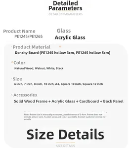 Detailed size chart and material specs for 3cm and 5cm hollow DIY wooden shadow boxes