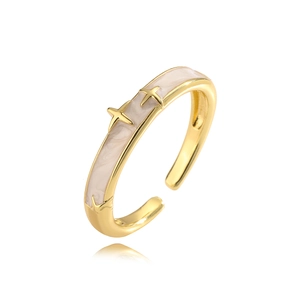 Minimalist gold plated open ring with white enamel inlay and three metallic stars