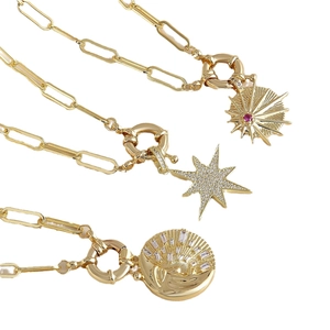 18K gold plated celestial pendant necklaces with sun moon and star on paperclip chains