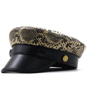 Newsboy Cap PU Leather Snake Pattern Flat Top Military Hat With Gold Button Decor Retro Fashion Accessories For Women