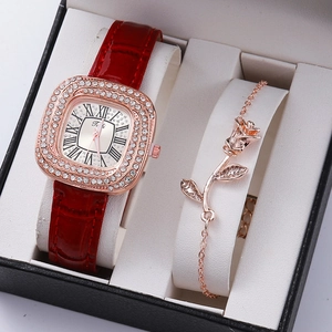 Elegant rose gold square watch with diamond bezel and red leather strap in gift box