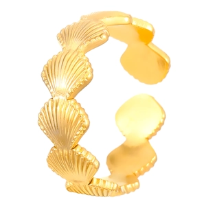 Golden scallop shell adjustable open ring with ocean holiday style and retro texture