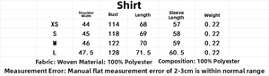 Detailed size chart for the tie-dye satin shirt and fishtail skirt two-piece set