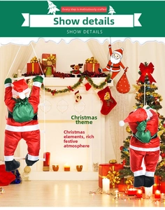 Close-up of Santa Claus doll with red clothes and green gift bag on a climbing ladder