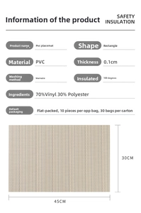 Infographie du set de table rectangulaire en PVC tissé 30x45cm résistant à la chaleur