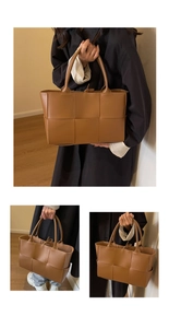 Three-way split view showing woven brown faux leather tote bag being carried by a model