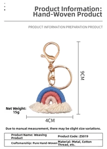 Detail view of handmade rainbow keychain with dimensions and cotton thread specifications