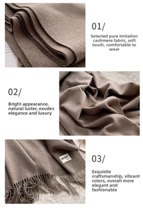 Detail of soft cashmere-feel scarf texture in camel brown with elegant fringe trim