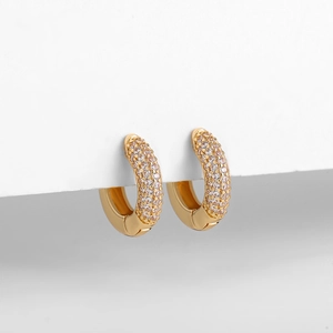 Detail of 18K gold-plated hoop earrings featuring triple-row micro-pave cubic zirconia