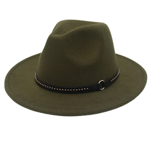 Detail of dark olive wool fedora hat featuring black leather band and metal rivet accents