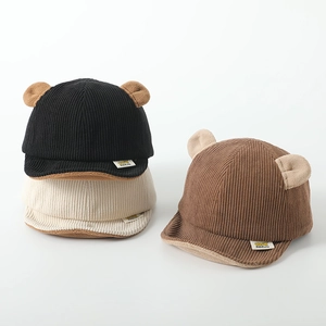 Corduroy baby baseball cap with cute bear ears in black, cream, and brown colors