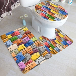Detailed set of 3 colorful cat print bathroom mats including U-shape and rectangular rugs