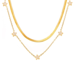 Double-layered gold titanium steel necklace with star pendants and sparkling zircons