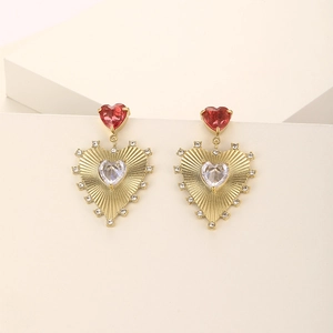 Irregular gold heart drop earrings with red zircon stones and sunburst texture