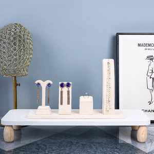 Beige velvet jewelry display stand set with wooden base for earrings rings necklaces