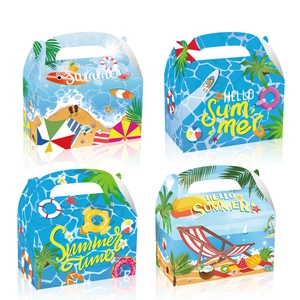 Detail of four colorful summer beach themed paper gift boxes with convenient handles