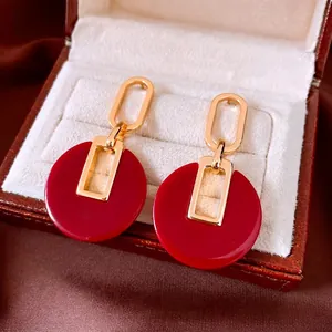 Geometric Red Resin Round Drop Earrings With 18K Gold Plated Copper And 925 Sterling Silver Earring Post Retro Fashion