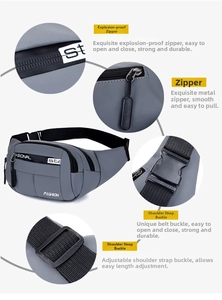 Detail view of waterproof gray waist bag featuring smooth zippers and durable buckles
